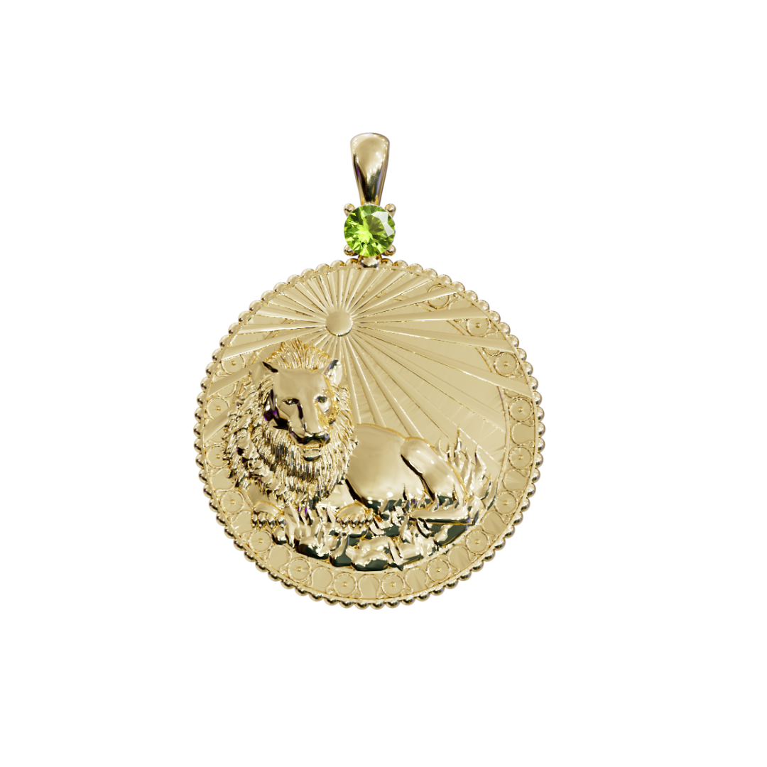 קמע מזל אריה עם שיבוץ סוליטר של אבן המזל