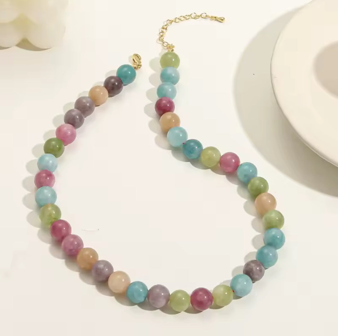 שרשרת אבן חן צבעוניות טורמלין טבעית  מ״מ 12