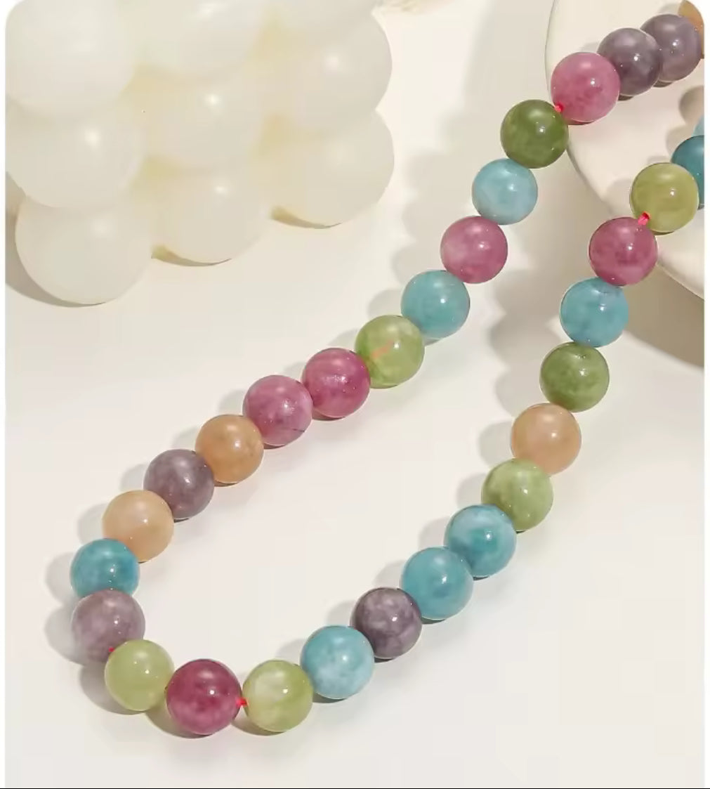 שרשרת אבן חן צבעוניות טורמלין טבעית  מ״מ 12