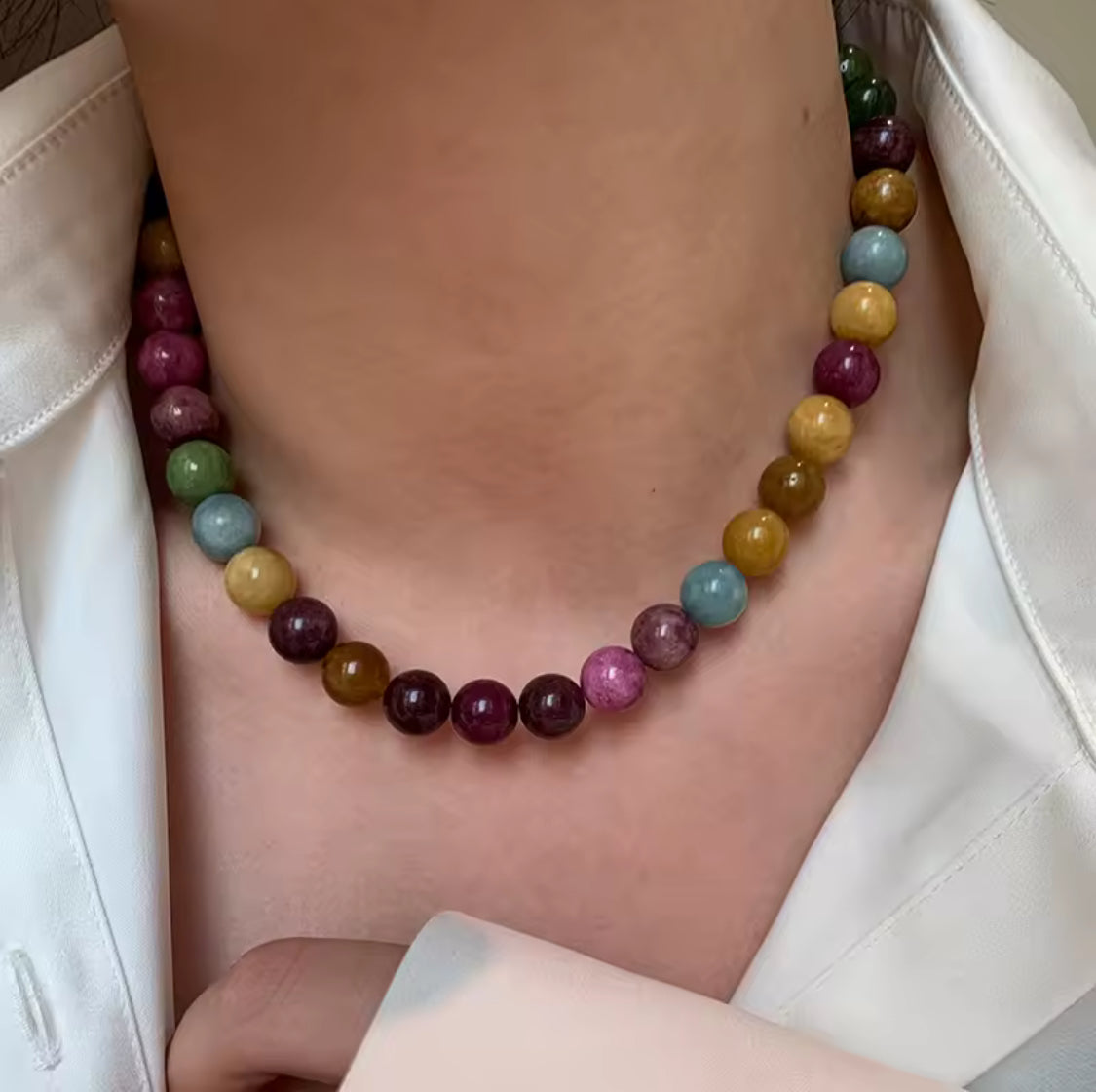 שרשרת אבן חן צבעוניות טורמלין  כהות טבעית  מ״מ 8