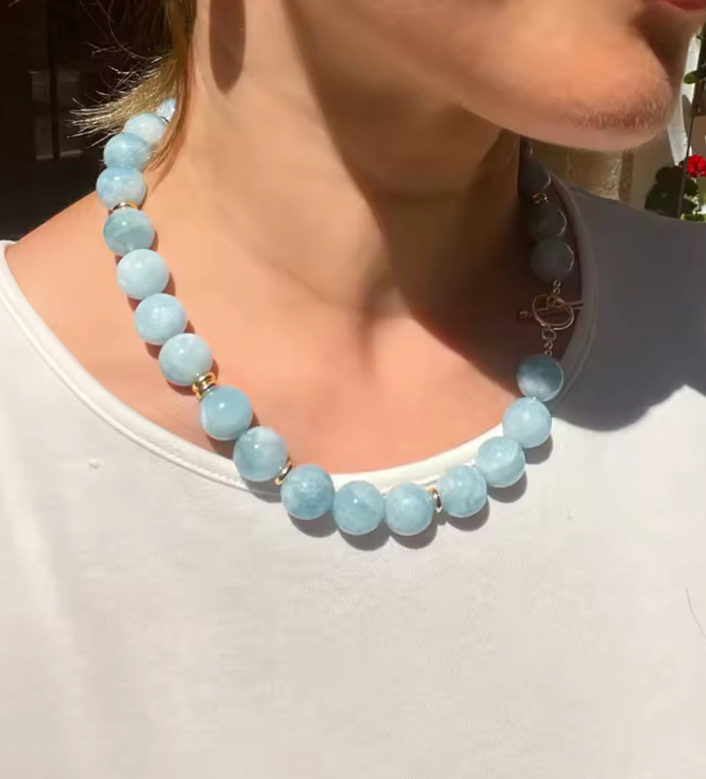 שרשרת אבן חן אקוומרין תכלת טבעית 12 מ״מ