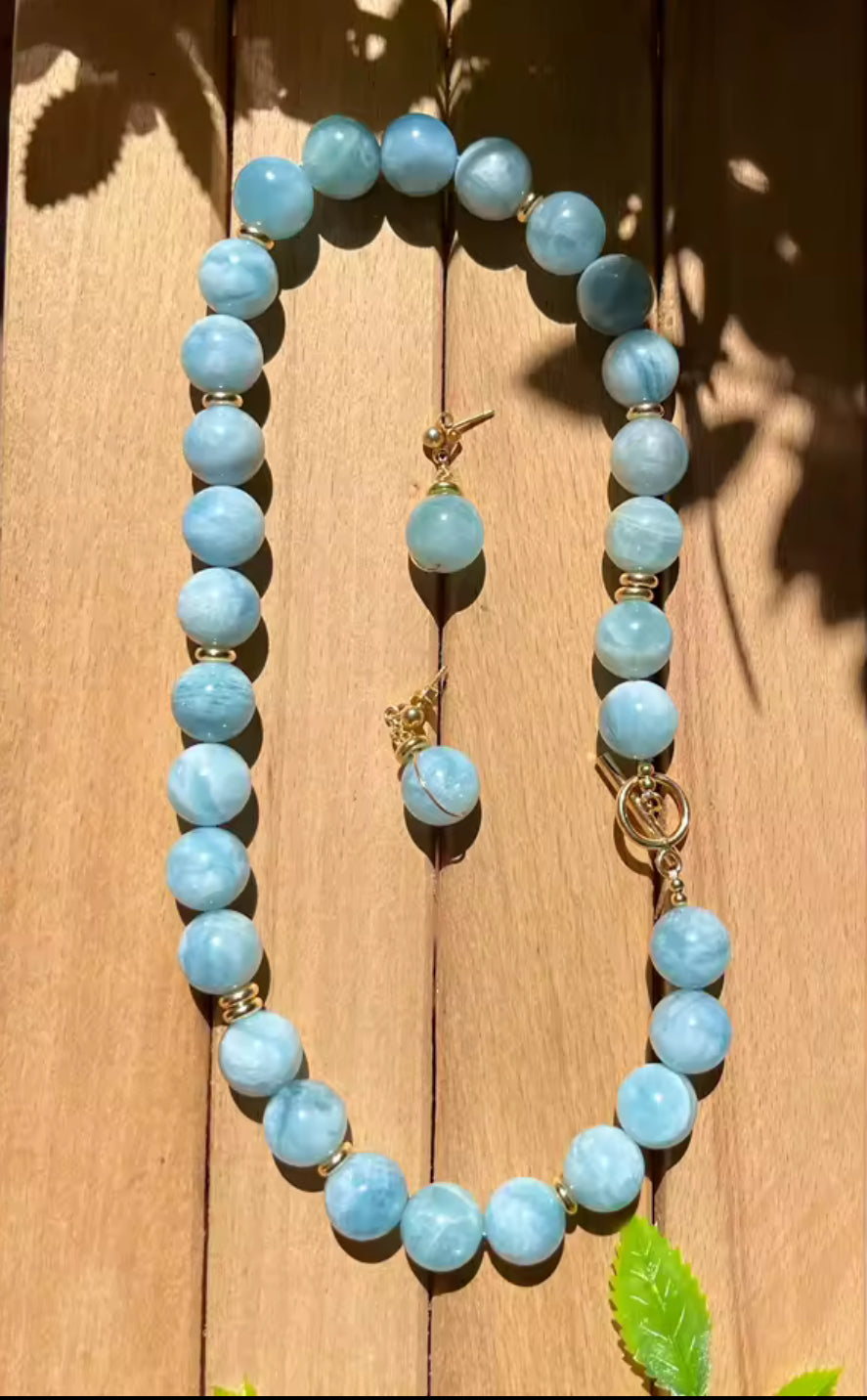 שרשרת אבן חן אקוומרין תכלת טבעית 12 מ״מ